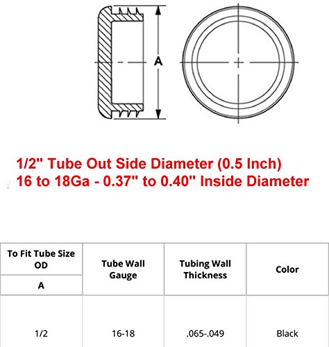 Image of (Pack of 10) 1 /2 inch OD Round End Caps (16-18 Ga - for Hole Size 0.37 inch - 0.40 inch ID) 0.50 Round Inch Sliding Inserts | Furniture Chair / Table Leg Caps | Fitness Eqpt End Caps | by SBD