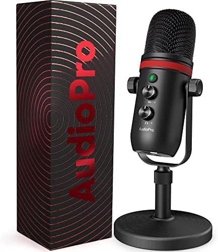 AUDIOPRO USB Microphone - Computer Condenser Gaming Mic for PC/Laptop/Phone/PS4/5, Headphone Output, Volume Control, USB Type C Plug and Play, LED Mute Button, for Streaming, Podcast, Studio Recording