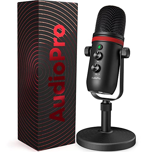 USB Microphone, Computer Condenser Gaming Mic for PC/Laptop/PS4/5, Headphone Output, Volume Control, USB Type C Plug and Play, LED Mute Button, for Streaming, Podcast, Studio Recording