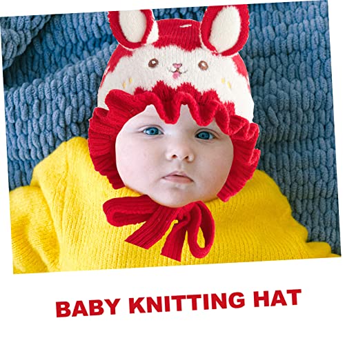 FRCOLOR Knitting Hat with Rabbit Ears Warm Knit Beanie for Boys and Cute Ear Protection Design Winter Accessory for Newborns Red3