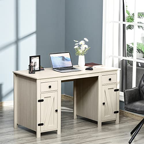 Homcom Farm Style Home Office Computer Desk With 2 Drawers, 2 Cabinets With Metal Accent Hardware, Cream White #TOP1