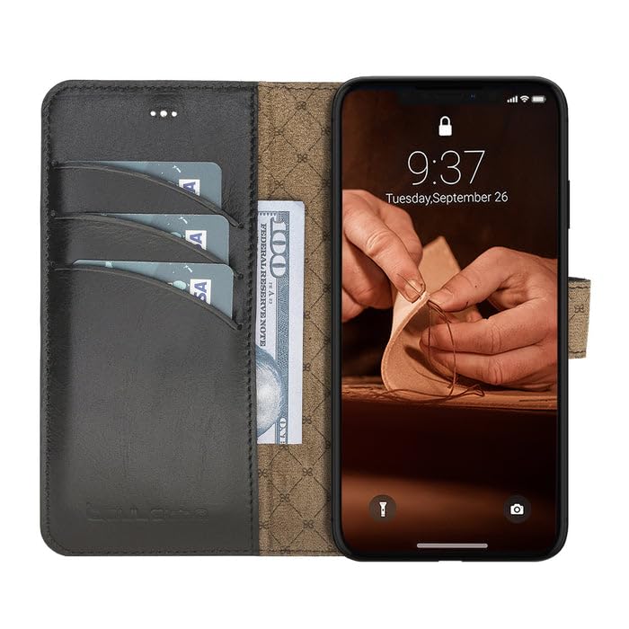 Custodia per iPhone 12 Pro Max (6,7 pollici) – Custodia in pelle Premium con funzione stand, custodia removibile, chiusura magnetica e tasca per carte – Bouletta Rustic Black