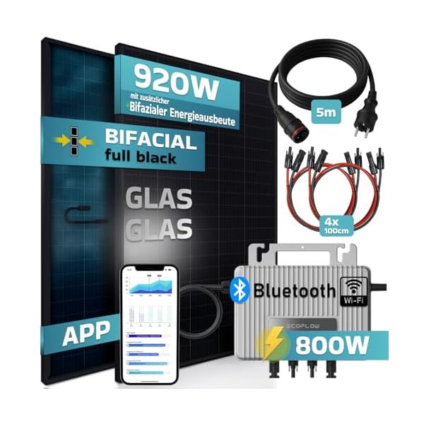SUNNIVA 920W Balkonkraftwerk BIFAZIAL FULLBLACK komplett Steckdose Ecoflow 800W Wechselrichter, PV Solaranlage, 2x 460W Glas-Glas Solarmodule, inkl. 5m Kabel, Bluetooth WIFI, Komplettset – Bild 3