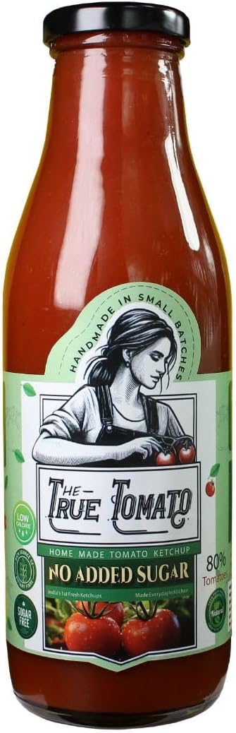The True Tomato Sugar Free Tomato Ketchup | Homemade And Made To Order | |more than 85% Fresh Tomatoes |No Harmful Chemicals, No Added Colors, No Oils, No Preservatives, No Thickeners (220 Gram, Sugar Free)