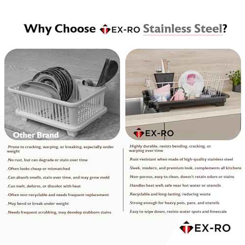Image of TEX-RO Dish Drying Rack with Drainer Tray | Stainless Steel Vessel Drainer Basket for Kitchen | Utensils Drying Rack with Spout | Bartan Basket Stand for Sink | Kitchen Dish Rack, 29 cm