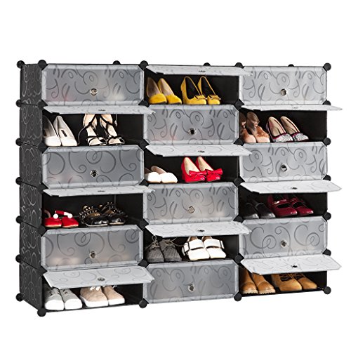 LANGRIA Penderie Etagère à Chaussures Modulable DIY 18 Cubes, Meuble Rangement avec Modules en Plastique, Noir et Blanc avec Motif Frisé(141* 37*111 cm)