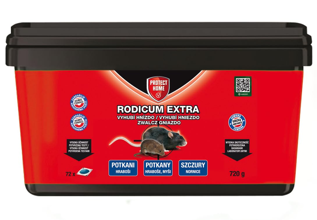 Rodium Extra 720g – Skuteczna Przynęta do Kontroli Gryzoni, Profesjonalny Środek na Szczury i Nornice do Użytku Wewnątrz i na Zewnątrz, Bezpieczna Formuła z Gorzkiem Składnikiem, 72 x 10g Saszetki