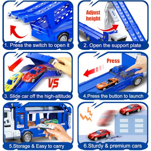 VESIHOLO Transport Truck Toys for 3 4 5 6 7 Years Old Boys, Carrier Toy Cars Track Set Transporter Trucks with 6 Die-Cast Car Toys 2 Race Catapults,Toddler Car Toy Set for Kids Girls - image 6
