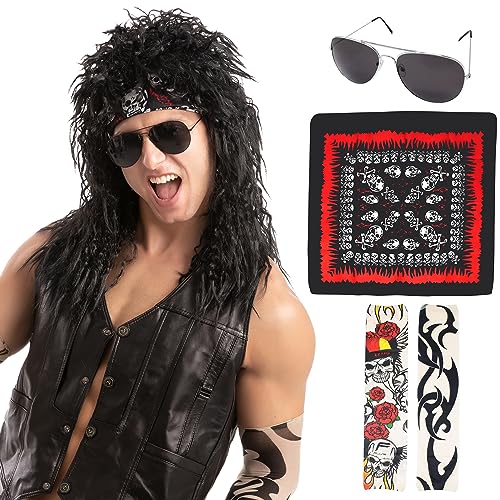 Spooktacular Creations Juego de Peluca de Rockero Negra para Hombre Peluca de Halloween Larga y Rizada con Guantes, 1 par de Gafas, 2 Mangas de Tatuaje y Bandanas para Cosplay de Fiesta de los 80