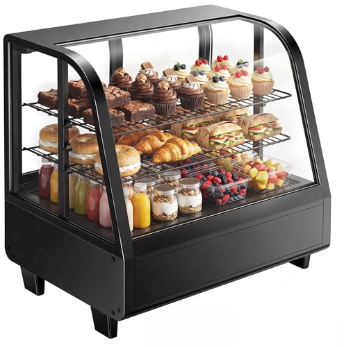 Image of Certified Commercial Refrigerator, 3.6 Cu.Ft Countertop Refrigerator Refrigerated Display Case with Curved Glass & Auto Defrost, Freestanding Bakery Display Case for Cafe & Restaurant