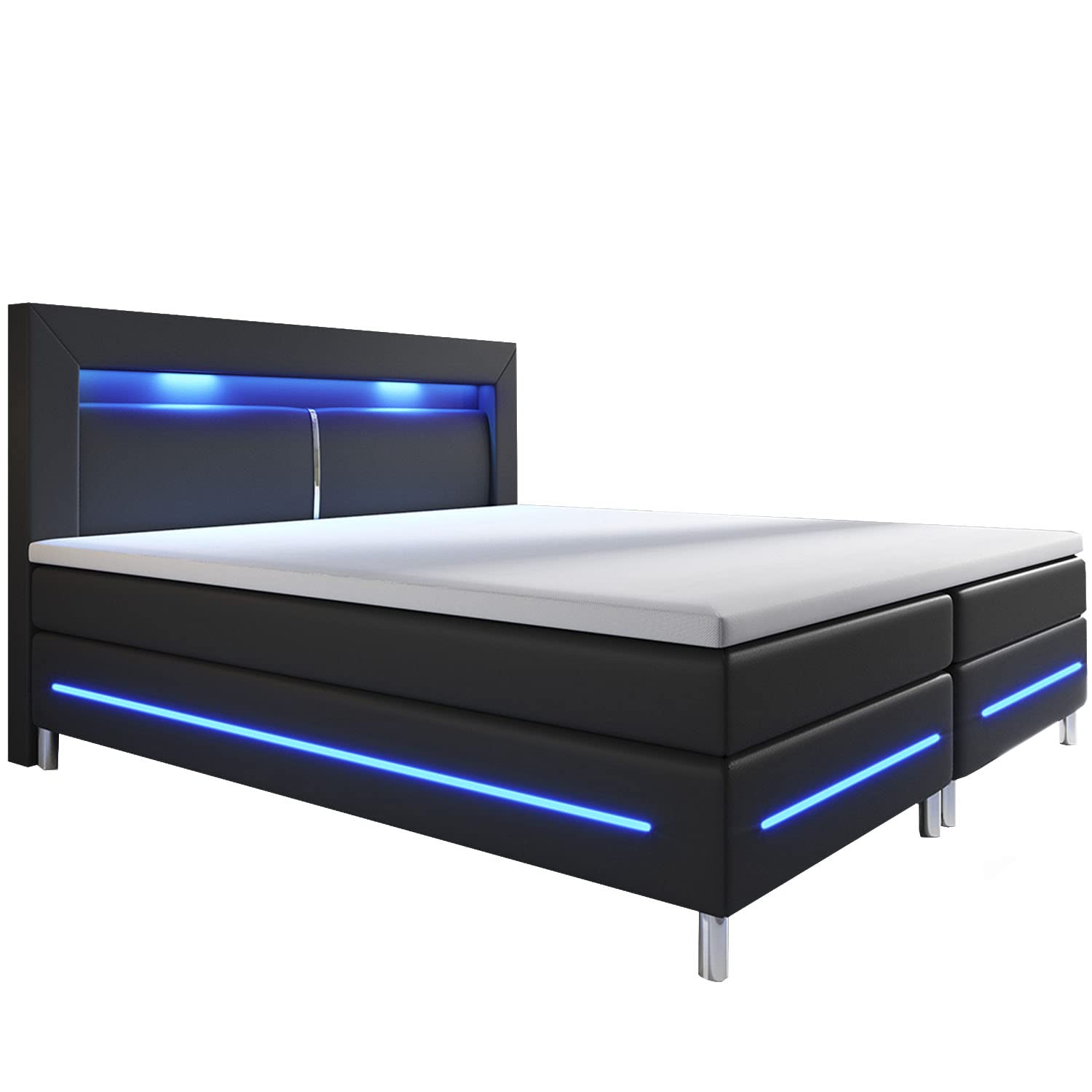 Juskys Boxspringbett Norfolk 200x200 cm - LED Beleuchtung, Bonell Matratze & Topper - 66 cm Komforthöhe - schwarz - Bett Doppelbett Polsterbett