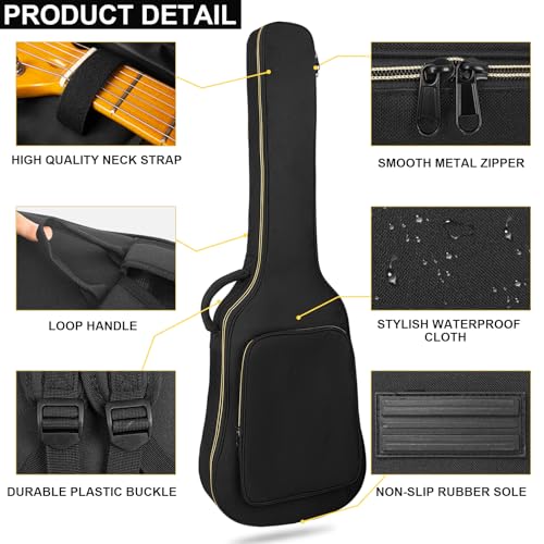 Image of LETSROCK 39 Inch Electric Guitar Bag Case Thick Padding with Neck Strap Adjustable Shoulder Strap Waterproof Yellow Lightning Shape&Black Electric Guitar Gig Bag, Black&Light Yellow Zipper, Electric