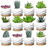 Hsei 12 Pack Small Succulent Planter 3 Inch with Bamboo Tray and Drainage Hole Mini Ceramic Flowers Pot White Water Pattern Plant Pots for Office Garden Home Decoration Gifts (Plants Not Included)