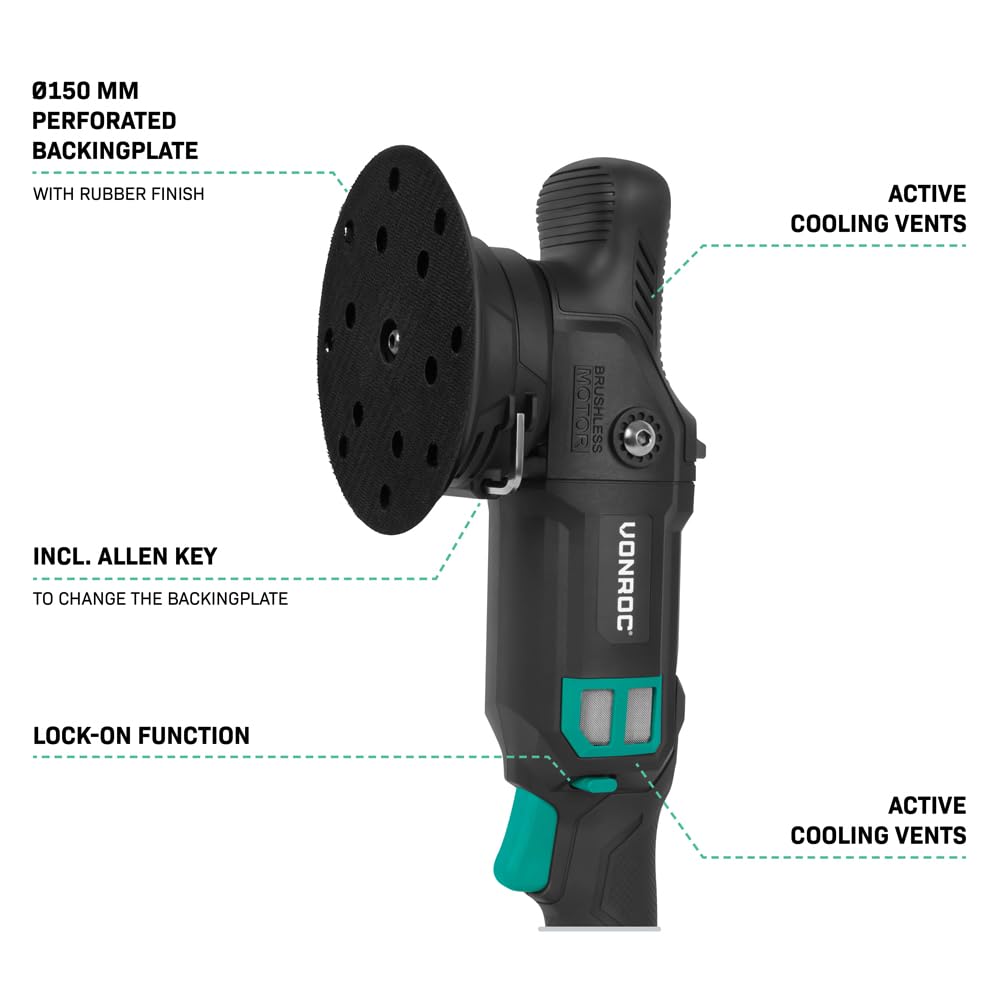 VONROC PRO PM511DC Polerka Dual Action 20V Ø150mm, Skok 21mm, 2000–5000 obr./min, Silnik Bezszczotkowy, Soft Start, Stała Prędkość (Bez aku i ładowarki)