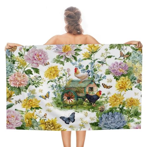 Toalla ducha absorbente de gallo y flores para piscina y baño de 80x130 cm 2