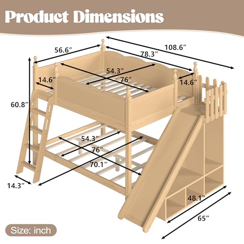 Image of Bellemave Bunk beds Full Over Full with Slide and Stair, Low bunk /loft Bed for Kids,Natural