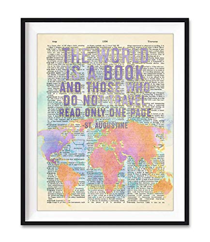 St. Augustine Quote, The World Is a Book and Those Who Do Not Travel Read Only One Page Art Print, Unframed, Vintage Literary Highlighted Dictionary Page Wall Art Decor Poster Sign, 8x10 Inches