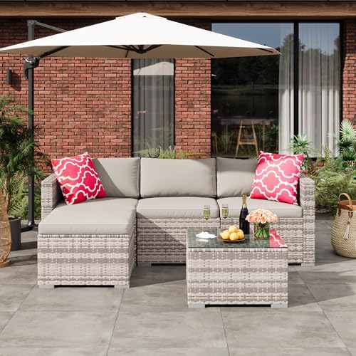 Image of GAOMON 5 Pieces Patio Furniture Sets All Weather Outdoor Sectional Patio Sofa Manual Weaving Wicker Rattan Patio Seating Sofas with Cushion and Glass Table