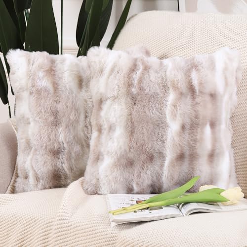 MADIZZ Wool Throw Pillow Covers 18x18 Taupe & White (2 Pack)