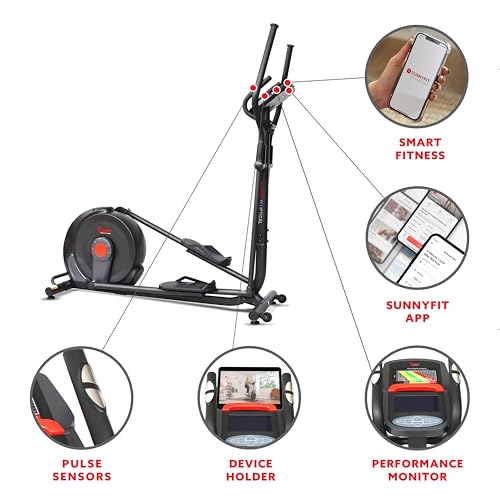 Image of Sunny Health & Fitness Elliptical Silent Exercise Machine with Long Stride | Elliptical Training with Pulse Sensor, Adjustable Resistance, Long Stride, Fully Body Workout, App Access via Bluetooth