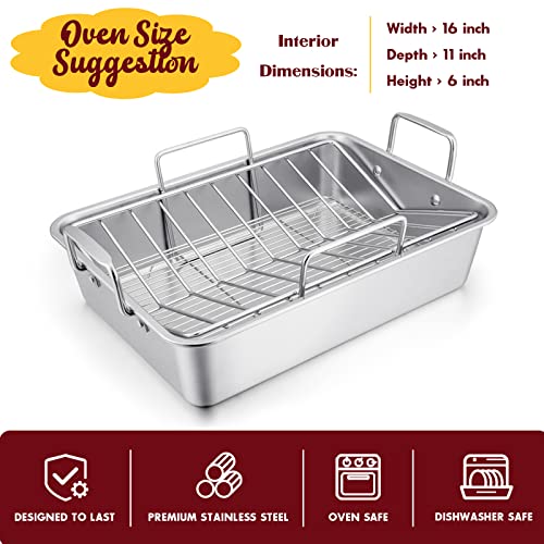 Small Roasting Pan, E-Far 14 Inch Heavy Duty Stainless Steel Turkey Roaster With V Rack & Baking Rack Set, Metal Deep Broiling Pan For Oven Cooking Lasagna Meat Chicken - Dishwasher Safe #TOP2