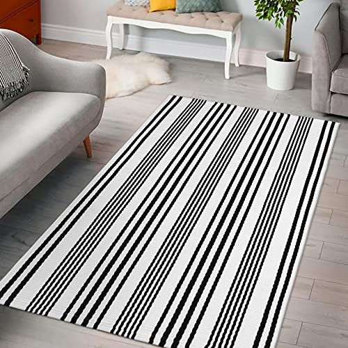 Black And White Striped Outdoor Rug, 3’X5’ Cotton Modern Front Porch Door Mat Hand-Woven Reversible Patio Rug Washable Layered Doorway Carpet For Farmhouse/Kitchen/Living Room #TOP6