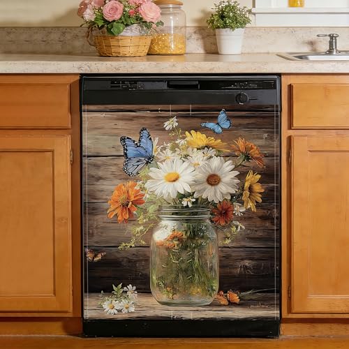 Mason Jars Flowers Magnetic Dishwasher Cover, Removable Refrigerator Magnet Cover for Kitchen Appliances, Reusable Front Panel Decor, 23 x 26 in