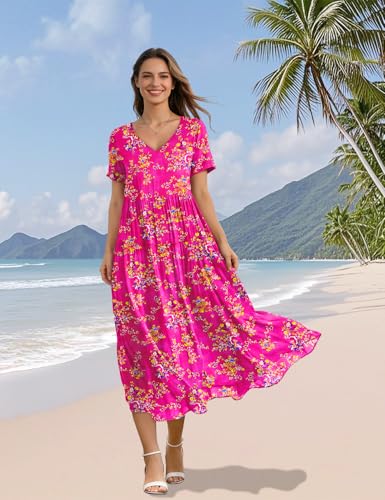 Image of YESNO Women's Summer Maxi Dresses Casual Floral Short Sleeve V Neck Boho Beach Vacation Swing Dress with Pockets EVF
