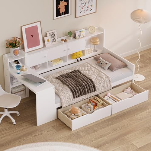 RuiSiSi Twin Size Daybed with Storage Drawers & Bookcase, Solid