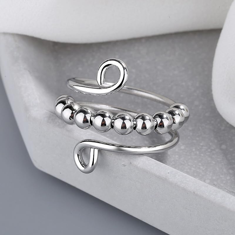 Vintage Beads Rotatable Fidget Anti Stress Opening Spinner Fidget Anxiety Silvery Color Rotate 316L Stainless Steel Rings for Women