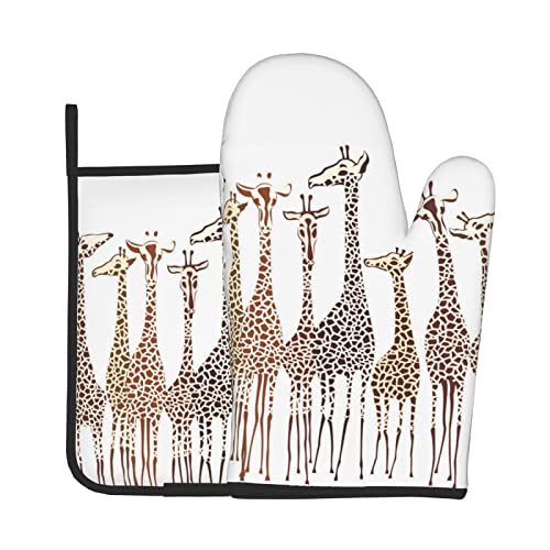Cute Cartoon Funny Giraffes Printed Oven Mitt And Pot Holder Set, High Temperature Resistant, Non-Slip, Washable Oven Mitt Kitchen Hot Pad #TOP7