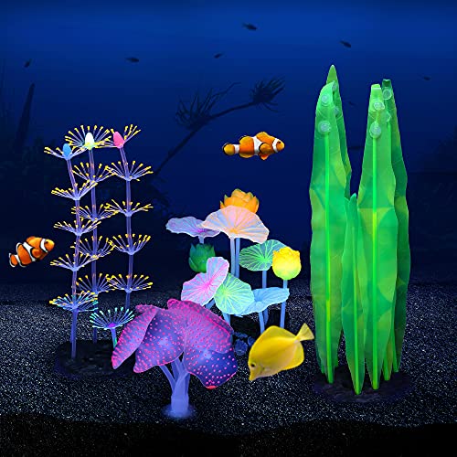Image of Lpraer 4 Pack Glow Aquarium Decorations Coral Lotus Leaf Anemone Seaweed Simulation Glow Plant Glowing Effect Silicone for Fish Tank Decorations