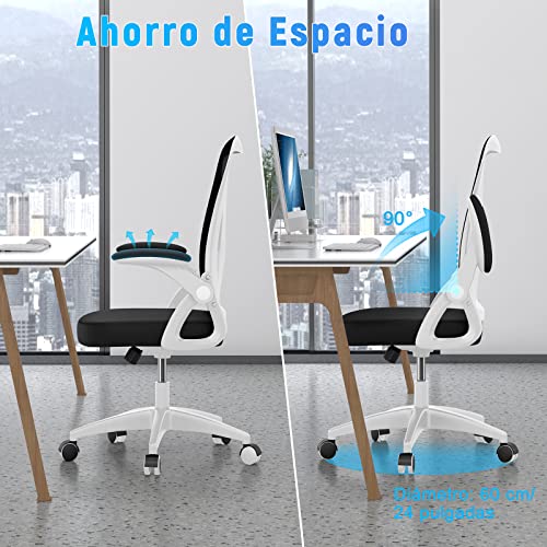 Miniatura 7 de Rattantree Silla De Oficina, Silla De Escritorio Ergonómica Con Reposabrazos Plegables, Altura Ajustable, Soporte Lumbar, Silla Giratoria Con Cojín De Asiento Acolchado Blanco Y Negro