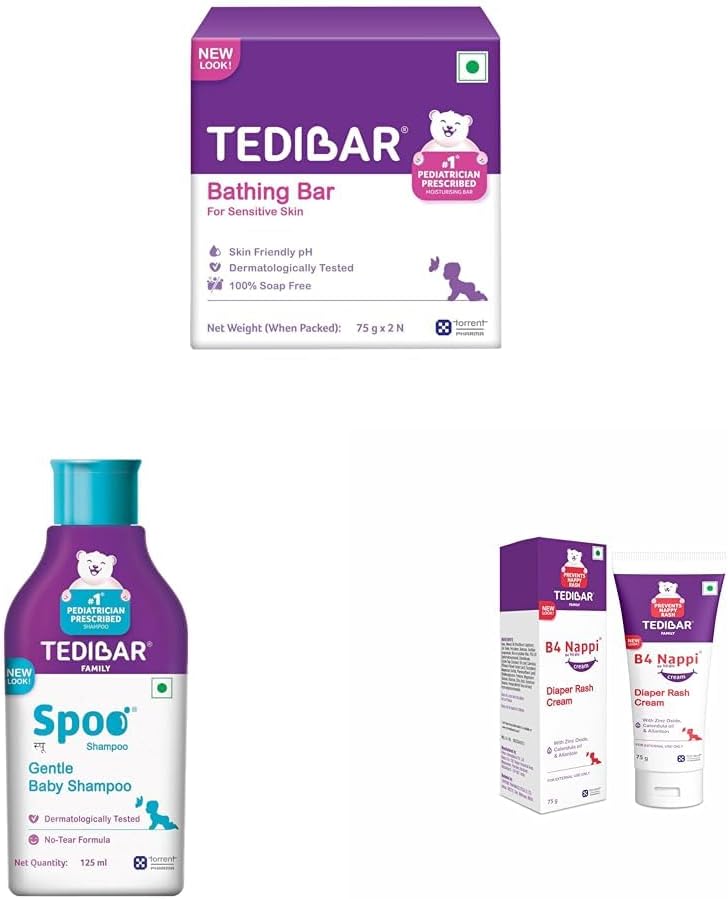 TEDIBAR Baby Bathing Bar - 75g x 2, Spoo Baby Shampoo 125 ml And B4 Nappi Cream Diaper Rash Cream 75g - By Torrent Pharma