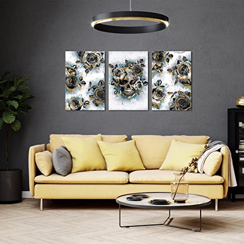 3 Piece Skull Canvas Wall Art Suger Skull With Rose Flower Painting Artwork Skeleton Prints Picture Gothic Wall Decor For Living Room Bedroom Framed Ready To Hang 16X24X3Pcs #TOP2