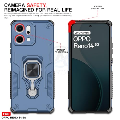 Image of AESTMO Armor Back Cover for Oppo Reno 14 5G | Ring Holder & Kickstand & Camera Protection in-Built | 360 Degree Protection Back Case Cover (Blue)