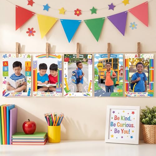 Image of AmazingSpark 50 Pack Back to School Paper Photo Frames Picture Frames, Classroom Theme Paper Photo Holders with Easel Back, 5 Designs for School Party Table Decorations