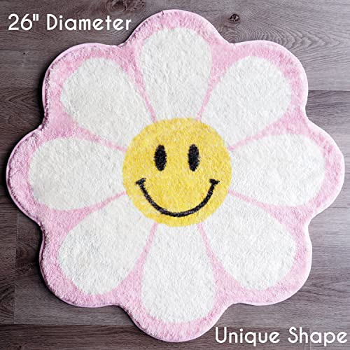 Pink Flower Bath Mat Smiley Face Daisy Light Pink Blush Peach Coral Cute Bathroom Rugs For Girls Funny Shower Fun Bathroom Decor Non-Slip Washable Kids Women Novelty #TOP2