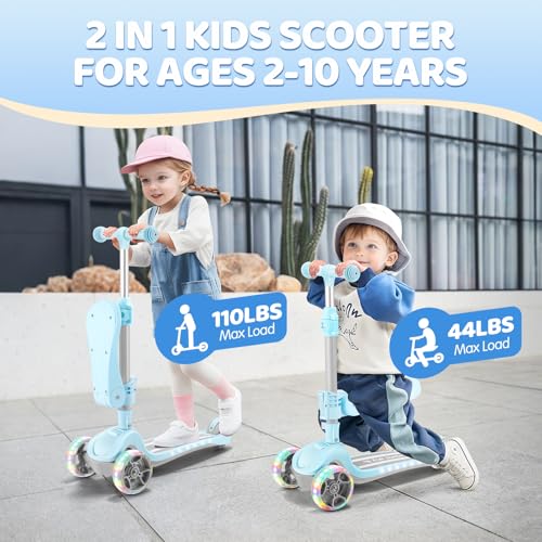 AODI Kids Scooter with Seat, 2 in 1 Kick Toddler Scooter with LED Light-Up Wheels and Light up Deck, 4 Adjustable Heights, Lean to Steer, 3 Wheels Scooter Suitable for Boys & Girls Ages 2-8 Years by AODI - Image 4