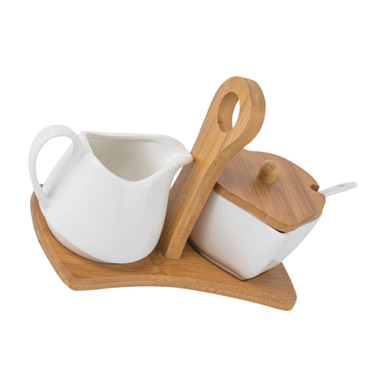 Pot à Lait Et Sucrier Céramique Avec Plateau Et Cuillère Poignée Bois Compatible Four Micro-ondes Et Rangement Service