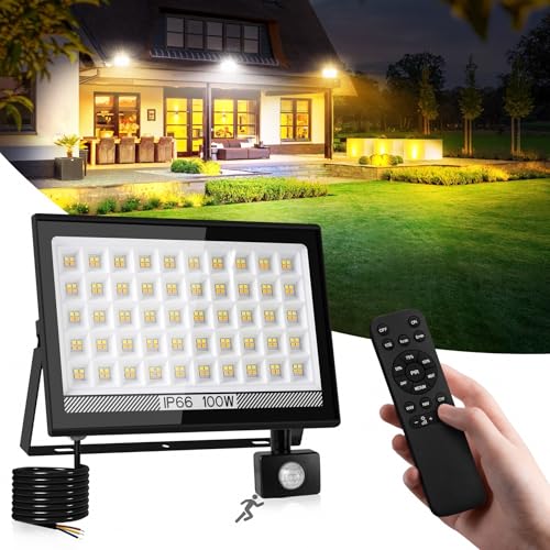 NATPOW Foco LED con Sensor Movimiento100W, Luces de Seguridad Exterior con Mando a Distancia, Luz LED con Sensor PIR Inteligente, 3 Colores Luz de Pared para Casa, Garaje, Patio Terraza Campo