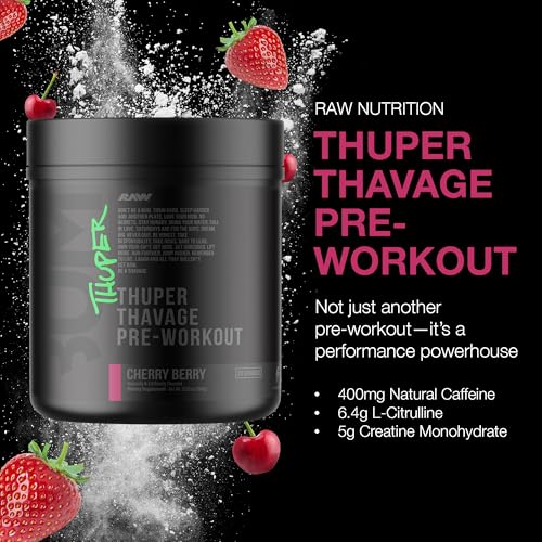 Image of RAW Thuper Thavage Pre Workout Powder - High-Stim Preworkout with Creatine, Beta Alanine, L-Citrulline & Caffeine - Chris Bumstead Gym & Fitness Supplement for Men & Women - Cherry Berry