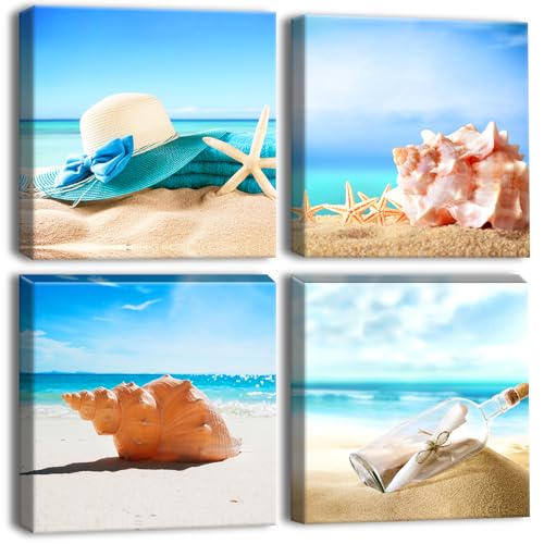 Artscope Stampe e Quadri su Tela 4 pz. Spiaggia e Mare Immagine Fotografia Murale Tela Wall Art Bel Regalo per Home Decor Ristorante Cucina Regalo di Anniversario Compleanno 30x30CM