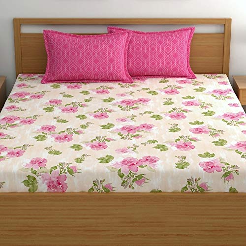 Image of Dreamscape 100% Cotton Fitted Bedsheet for King Bed, 186 TC, 1 Fitted Bed Sheet (Size 72 x 78 inches) with 2 Pillow Covers - Pink