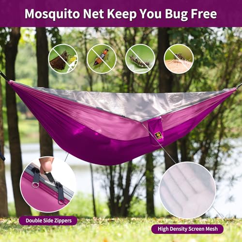 Image of Small Hammock, Camping Hammock with Mosquito Net, Lightweight Nylon Portable Hammock with 10ft Tree Straps,Hammocks for Travel Hiking Backpacking Beach Patio