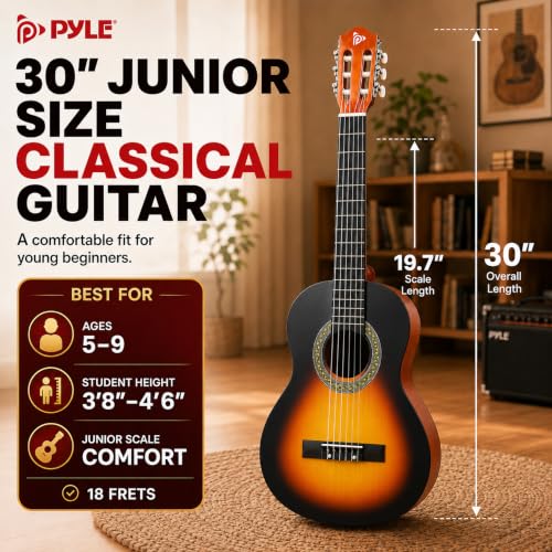 Image of Pyle Beginner Acoustic Guitar Kit, 1 /4 Junior Size All Wood Instrument for Kids, Adults, 30 inch Sunburst Teardrop Matte