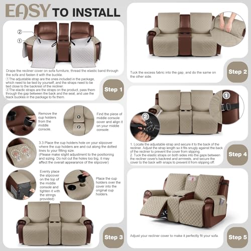 Image of KinCam 100% Waterproof Recliner Loveseat Cover with Console, Non-Slip Reclining Couch Covers for 2 Seat, Recliner Sofa Cover Furniture Protector with Elastic Straps for Kids, Pets, Khaki