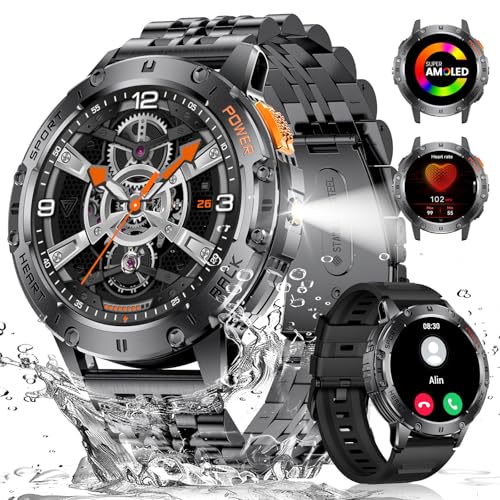 ESFOE Orologio Smartwatch Uomo con Torcia LED,1,43'' AMOLED Militari Smart Watch con impermeabile 5ATM,530 mAh Fitness Tracker Contapassi 120+ Modalità Sport robusto orologio con Chiamate(2 cinturini)