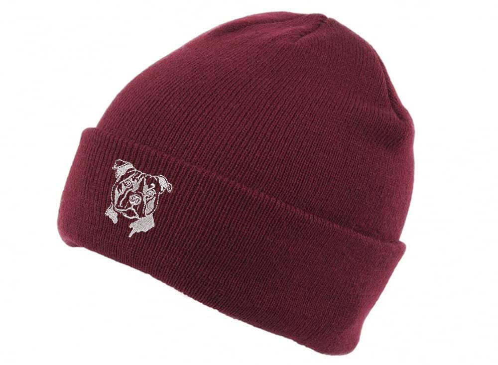 The House Of Dog: Staffy Staffordshire Bull Terrier Owner Gift. Classic Cuffed Unisex Beanie Ski Hat with Embroidered Design. Burgundy