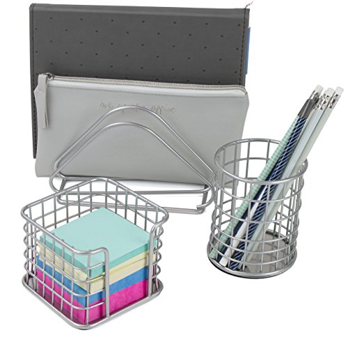 Sorbus Desk Organizer Set, 5-Piece Desk Accessories Set Includes Pencil Cup Holder, Letter Sorter, Letter Tray, Hanging File Organizer, and Sticky Note holder for Home or Office (Silver) - Thumbnail 3